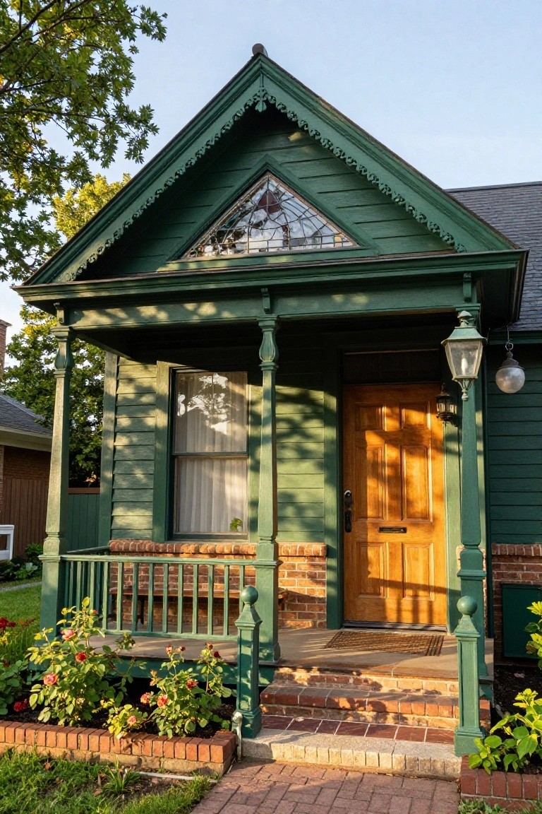 Green painted house with gabled roof, stained glass window, covered front porch, wooden door, brick steps, and flower beds along the base.