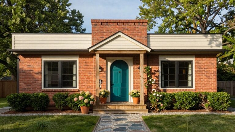 White clapboard house with gabled roof, brick chimney, black-framed windows, turquoise arched front door under a porch with white columns, potted plants on steps, stone walkway leading to green lawn and shrubs.