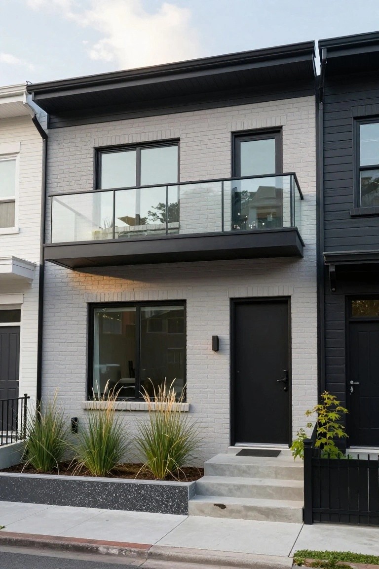 A modern two-story townhouse with light gray brick facade, black-framed windows and door, black metal balcony railing, concrete steps, and ornamental grasses in the front yard, adjacent to a dark-sided house on a street.