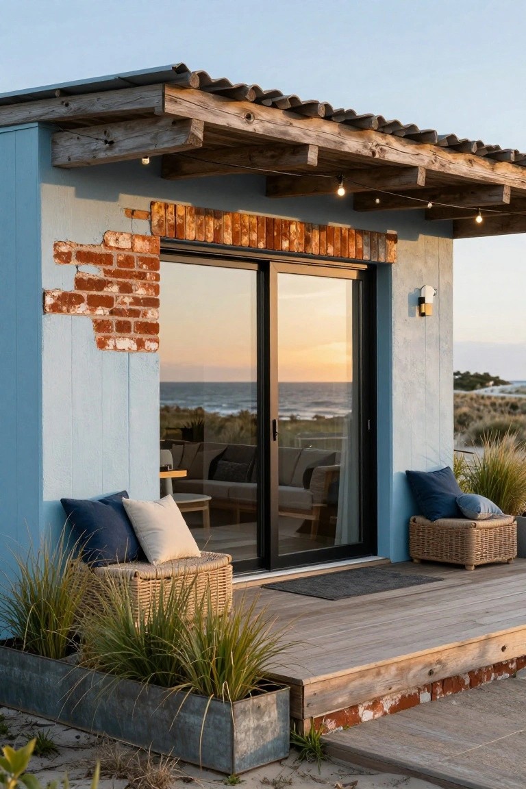Light blue cabin exterior with weathered brick accents, wooden deck porch, potted grasses, wicker chairs with cushions, and large sliding glass doors facing a beach at sunset.