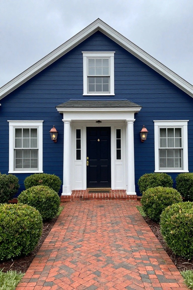 Front view of a navy blue clapboard house with gabled roof, white trim on windows and porch columns, black front door, copper lanterns, boxwood shrubs, and herringbone brick walkway.