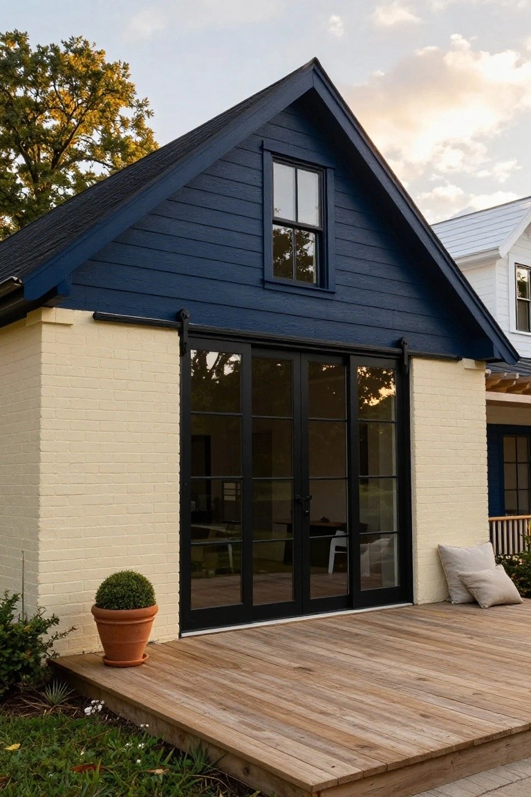 Side view of a house with light yellow brick lower walls, navy blue vertical board-and-batten siding on a gabled roof section, black metal-framed sliding glass doors opening onto a wooden deck with potted boxwood and outdoor pillows.