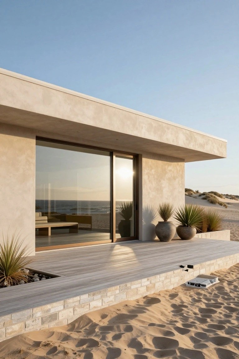 Modern beige stucco beach house with large sliding glass doors, wooden deck platform, potted plants, and pale brick retaining wall at the sand dune edge.