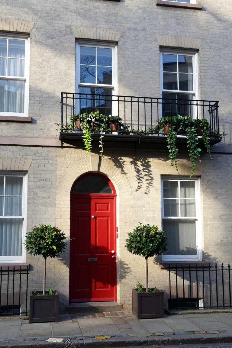 Beige brick townhouse facade with a bright red arched front door, flanked by potted topiary trees, black iron railings, a balcony with hanging plants, and sash windows.