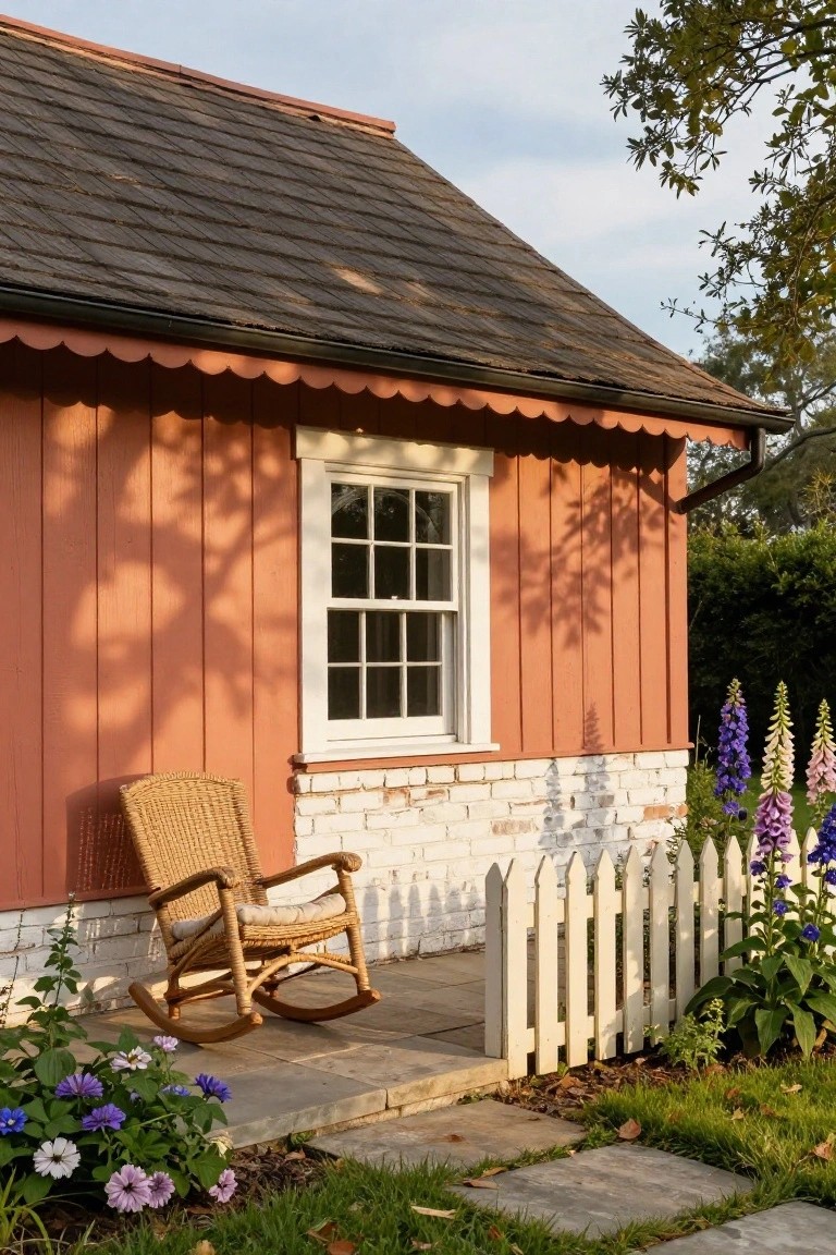 Red wooden shed with scalloped eaves, white-framed six-over-six window, brick foundation, wicker rocking chair on slate porch, white picket fence, and foxglove plants in a garden.