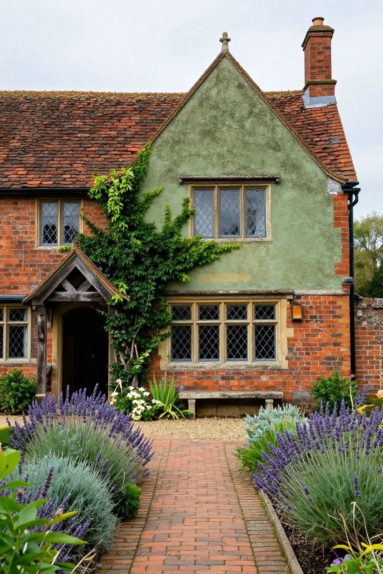 Two-story house with red brick lower walls and sage green plaster upper walls, ivy on the green side, lavender plants bordering a brick path to a wooden arched front door, under a cloudy sky.