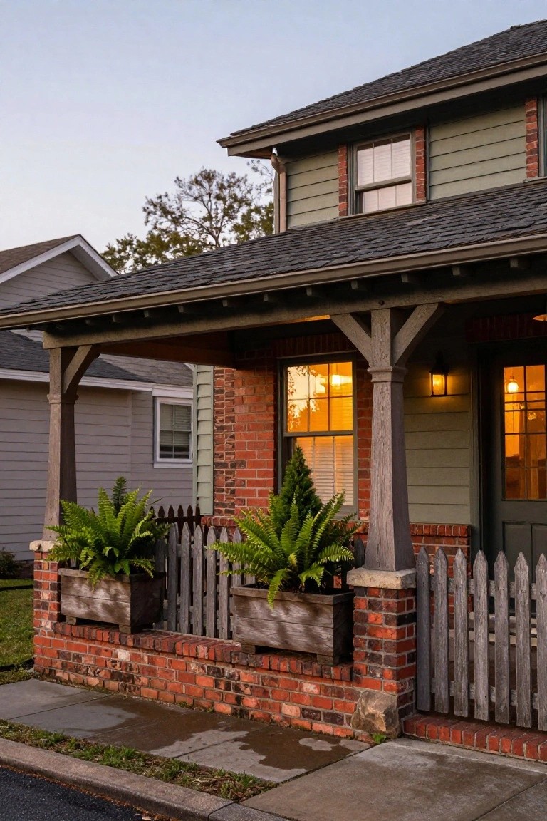 House exterior with sage green horizontal siding, red brick foundation and accents, covered wooden porch with columns, potted ferns in wooden boxes, picket fence, and warm interior lights visible through windows at dusk.