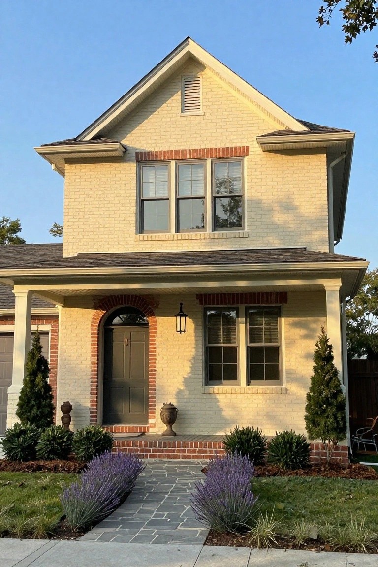 Two-story light beige brick house with red brick accents on windows, arched porch entry, and trim, featuring a dark front door, lanterns, potted urns, evergreens, lavender plants along a stone path, and attached garage.