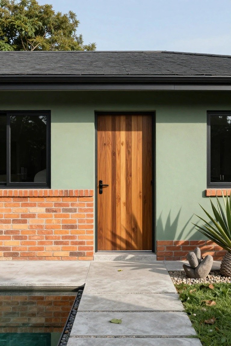 House exterior with pale green upper walls, red brick base, vertical slat wooden door, black-framed windows, concrete path leading to infinity-edge pool, agave plant, and stone sculptures.