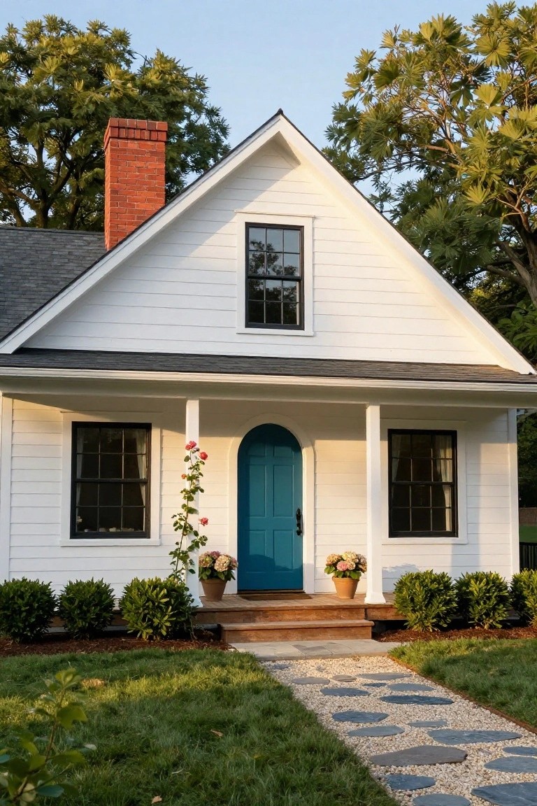 White clapboard house with gabled roof, brick chimney, black-framed windows, turquoise arched front door under a porch with white columns, potted plants on steps, stone walkway leading to green lawn and shrubs.