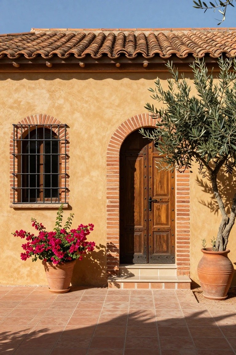 Ochre stucco house exterior with red brick arched doorway featuring wooden double doors, brick-framed barred window, potted red bougainvillea, olive tree in terracotta pot, terracotta tile roof, and tiled patio under blue sky.