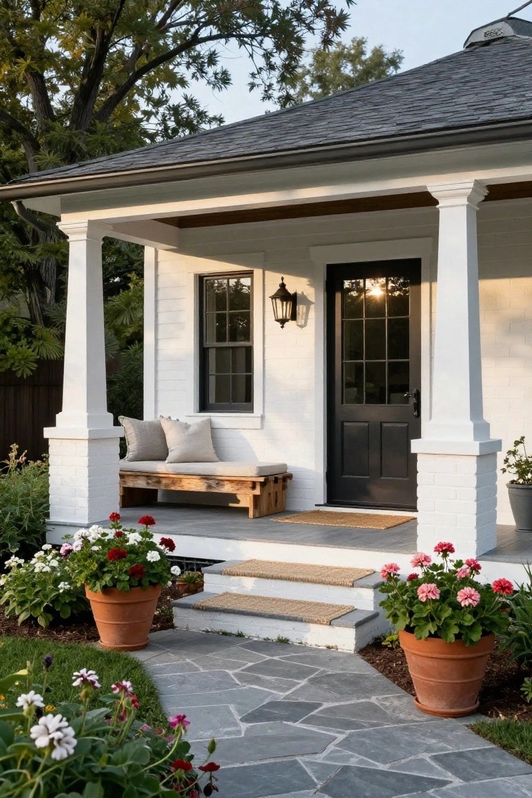 White brick single-story house with covered porch supported by columns, black front door with glass panels, wooden bench on porch, potted red geraniums, stone pathway and steps to entry.