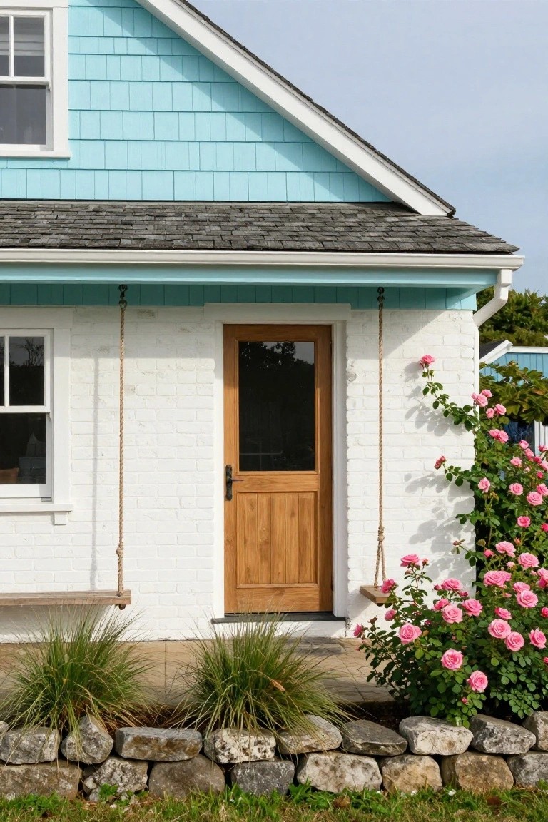House exterior corner with white brick wall, oak wood entry door with glass panel, hanging rope porch swing, pink rose bushes climbing the wall, light blue shingle siding above, gray shingled roof, and stone edging with grass in front.