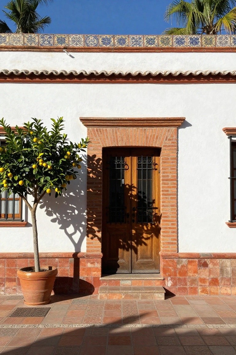 White stucco house facade with red brick archway framing a wooden door with metal grilles, potted lemon tree to the left, terracotta roof tiles and base, blue sky above.