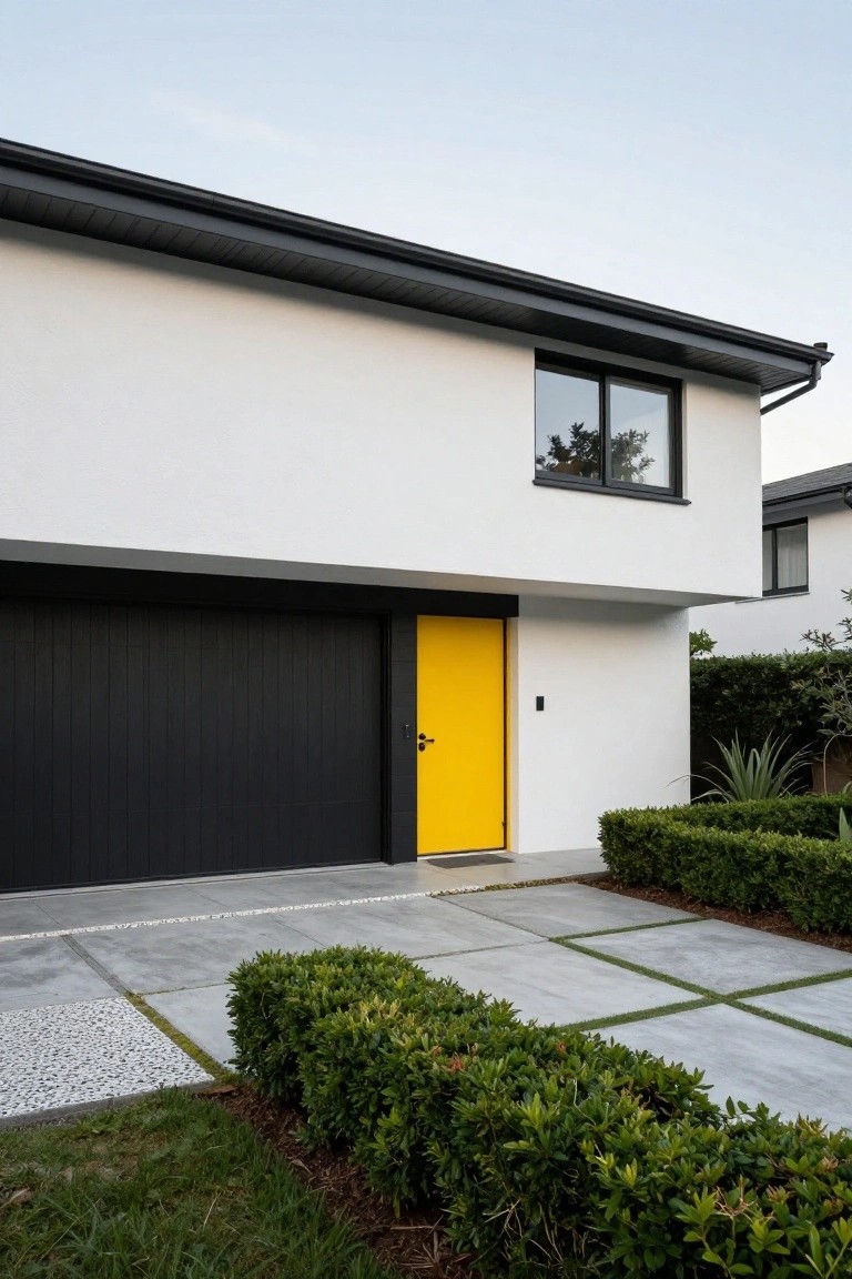 Modern white house facade with black-trimmed garage door, bright yellow front door, black roof overhang, concrete driveway with pavers, boxwood hedges, and agave plant.