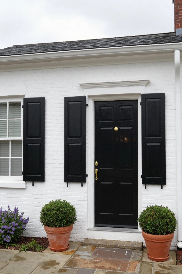 White clapboard house facade with black shutters framing a black paneled front door with brass knocker and handle, flanked by two terracotta planters with shrubs on a stone paver entry stoop.
