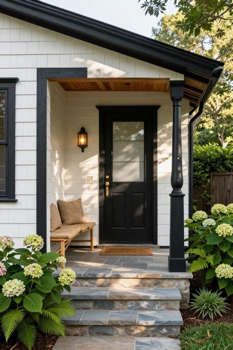 White shingle house exterior with black front door, black trim and posts, wooden porch ceiling and bench, lantern light, and hydrangea plants beside stone entry steps.