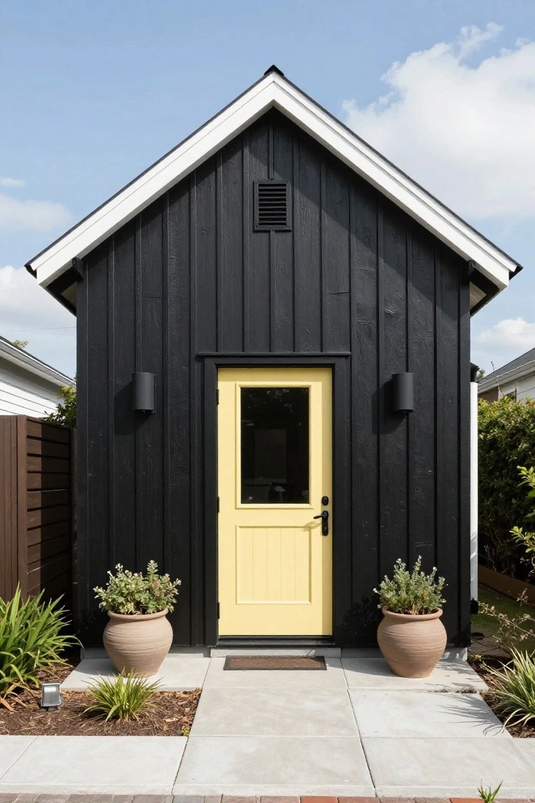 Small black board-and-batten shed with white trim, gabled roof, yellow paneled front door with window, black wall lights, and terracotta pots of plants on a concrete path.