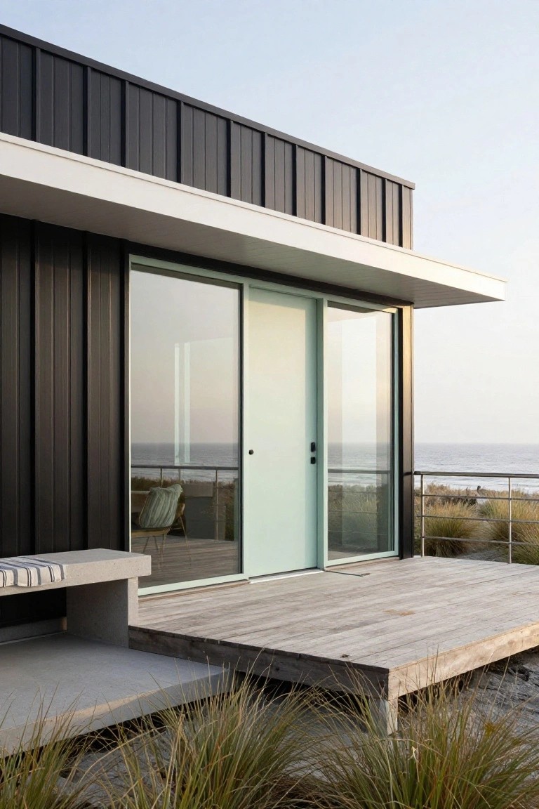 Modern house exterior featuring black vertical siding, white roof overhang, pale green sliding glass door with matching entry door, wooden deck with bench, metal railing, ocean view, and dune grasses.