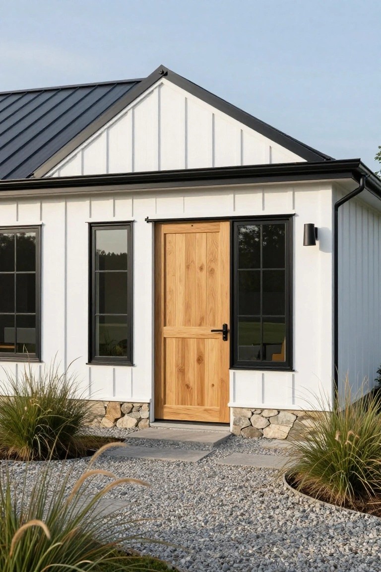 White board-and-batten gable structure with black metal roof, black-framed windows, natural wood entry door, black trim, stone base, gravel path, and tall ornamental grasses.