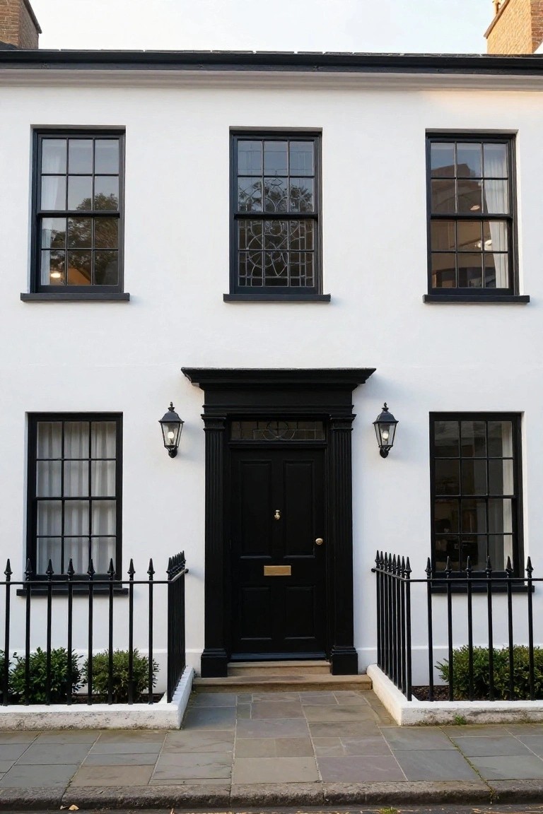 A three-story white townhouse facade with black window frames, black front door in a black surround, black lanterns, black iron railings, and small boxwood shrubs along the front path.