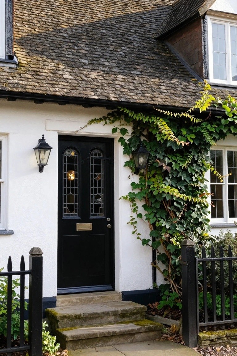 White house exterior featuring a black double door with leaded glass panels, flanked by black lanterns and ivy vines on the wall, with a small black iron fence and stone steps leading up.
