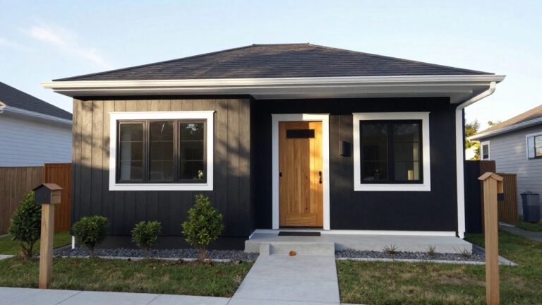 Front exterior of a black shingle house with white trim around two windows and a light wood paneled door with glass panel, flanked by black wall lights, concrete steps, a small evergreen shrub, wooden mailbox post, and gravel-edged grass lawn.