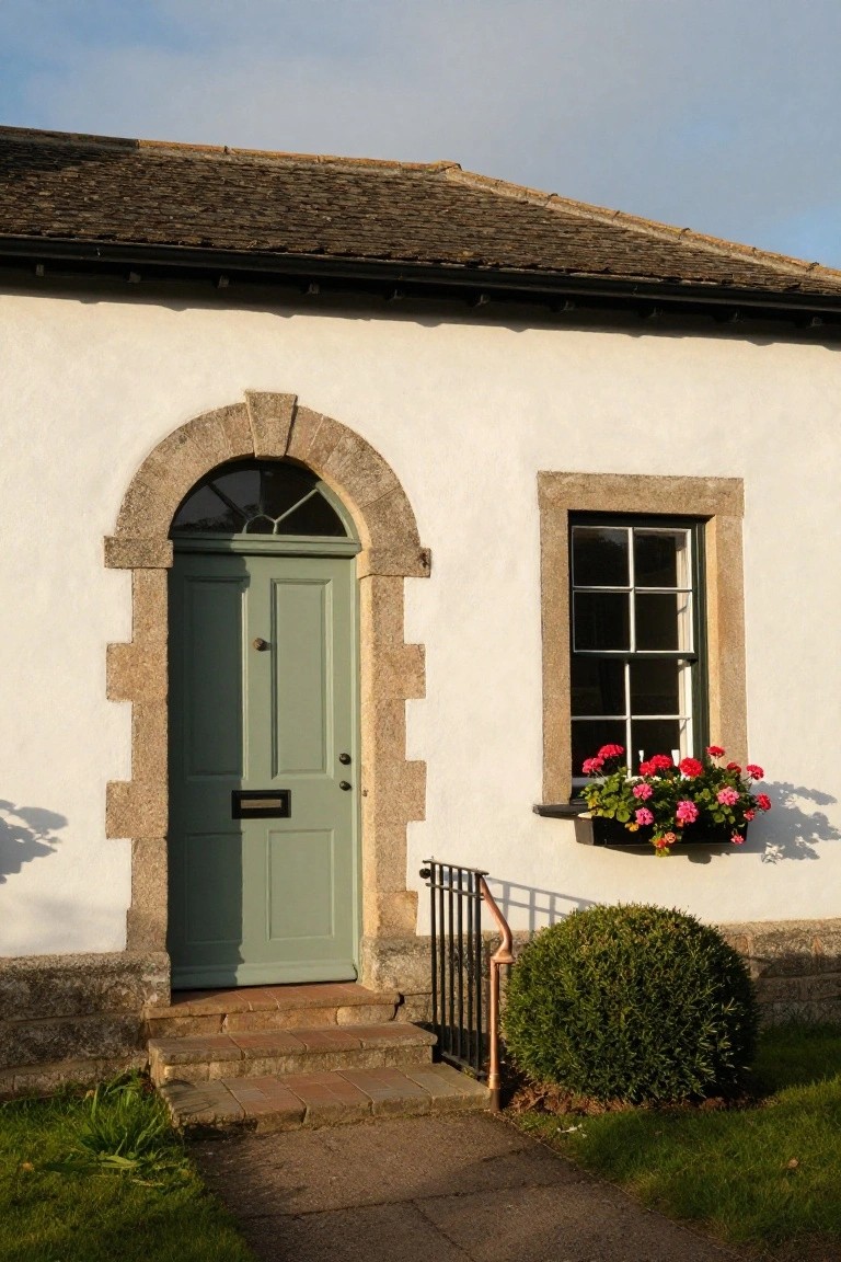 White rendered cottage exterior with arched green front door in stone surround, stone-framed window with red geranium flower box, black gutters and iron gate, steps to path, and boxwood shrub.
