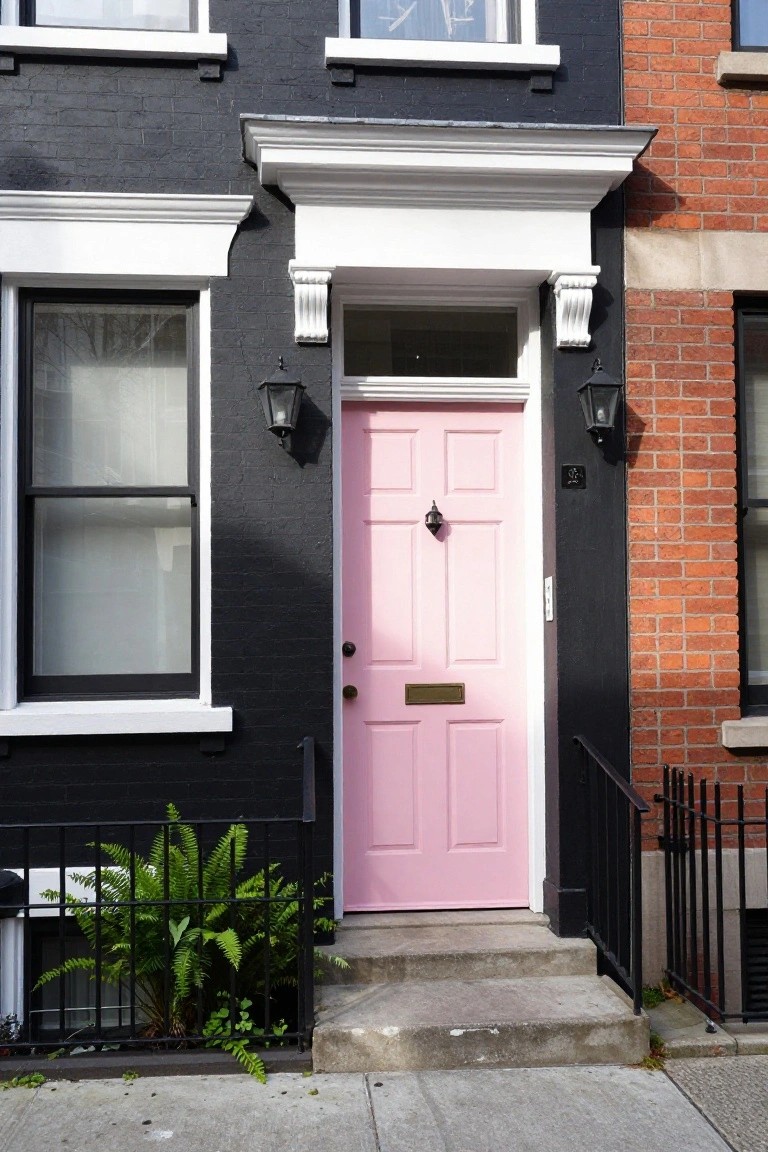 Black brick townhouse exterior with white trim, pink six-panel front door, brass knocker, lanterns on either side, potted fern below, and steps leading to sidewalk next to red brick house.