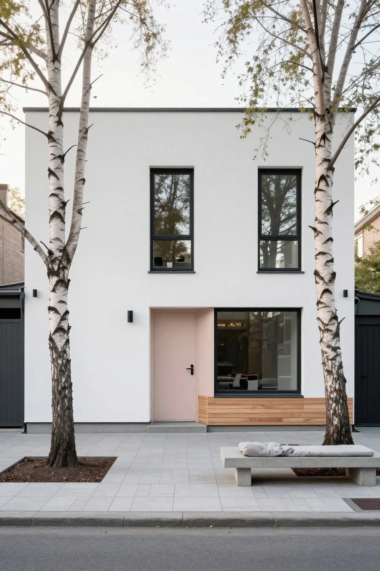 White two-story modern house with black-framed windows, pink front door, wood bench on glass base, birch trees flanking the entrance, and gray concrete paving in front.