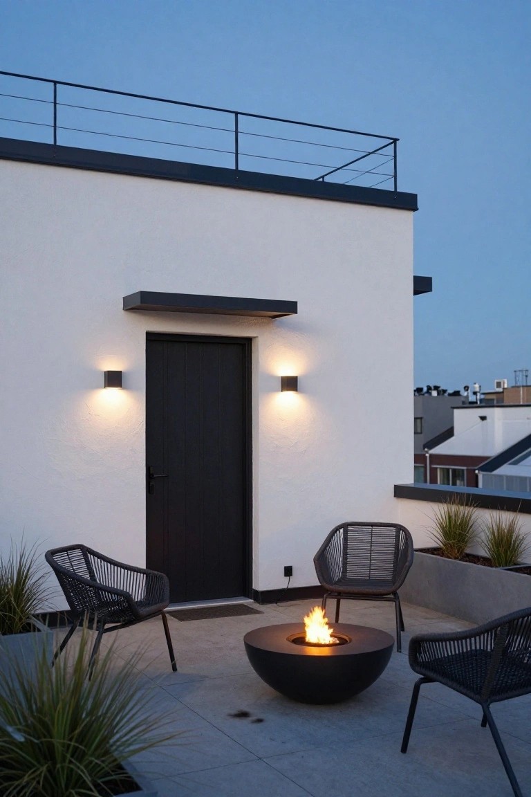 Rooftop terrace with a black door, fire pit, and woven chairs in dusk light.