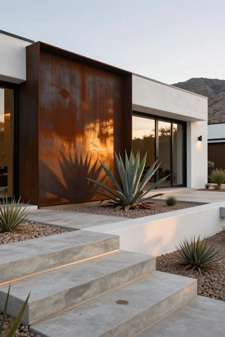 Modern house exterior featuring white stucco walls, a large vertical rusty metal panel, black-framed glass sliding doors, illuminated concrete steps, gravel ground cover, and agave plants in a raised bed with mountains in the background at dusk.