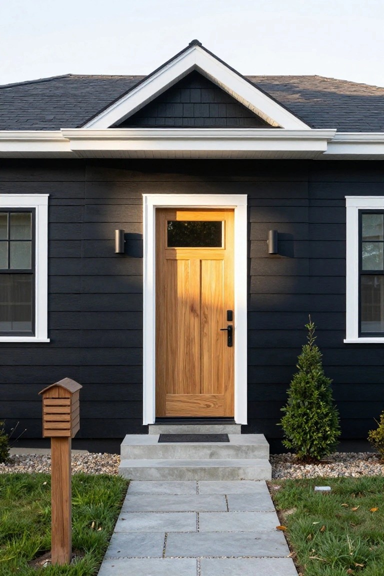 Front exterior of a black shingle house with white trim around two windows and a light wood paneled door with glass panel, flanked by black wall lights, concrete steps, a small evergreen shrub, wooden mailbox post, and gravel-edged grass lawn.