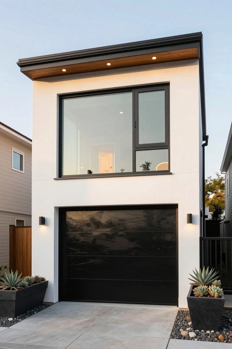 Modern two-story white house with large windows, black garage door, and succulent planters.