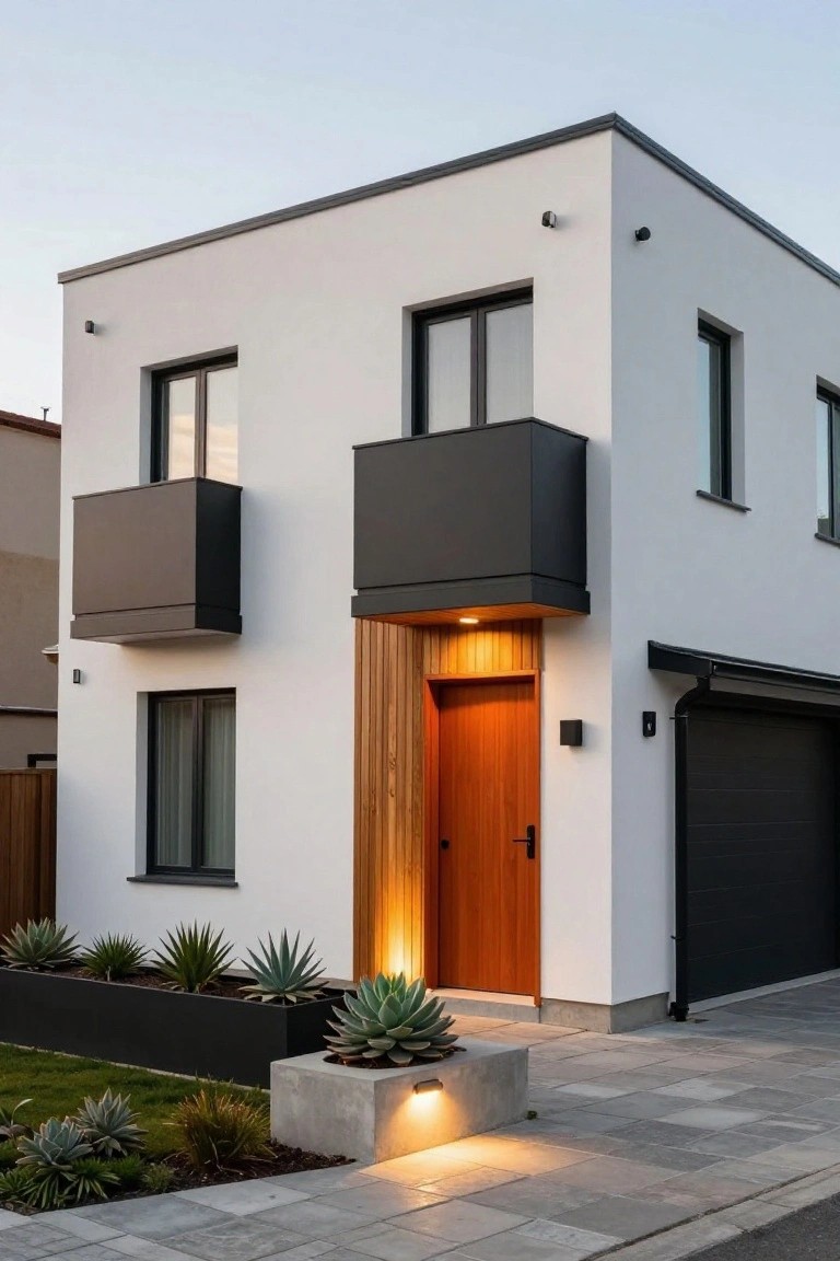 Corner view of a modern two-story white house with black-framed windows, metal balconies, wooden front door and cladding, black garage door, concrete pathway, and agave plants in raised beds.