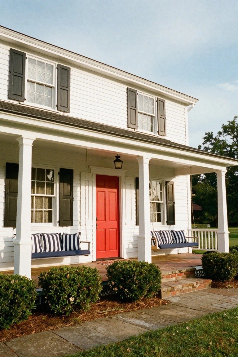 Two-story white clapboard house with black shutters, red front door, wraparound porch with blue swings and striped cushions, boxwood shrubs, and stone path in front yard.