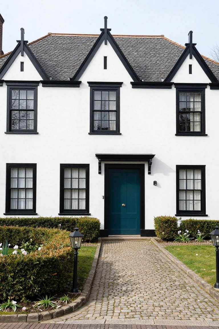 Two-story white house with black trim framing multi-pane windows and gables, teal front door, boxwood hedges, lanterns, and cobblestone path in front yard.