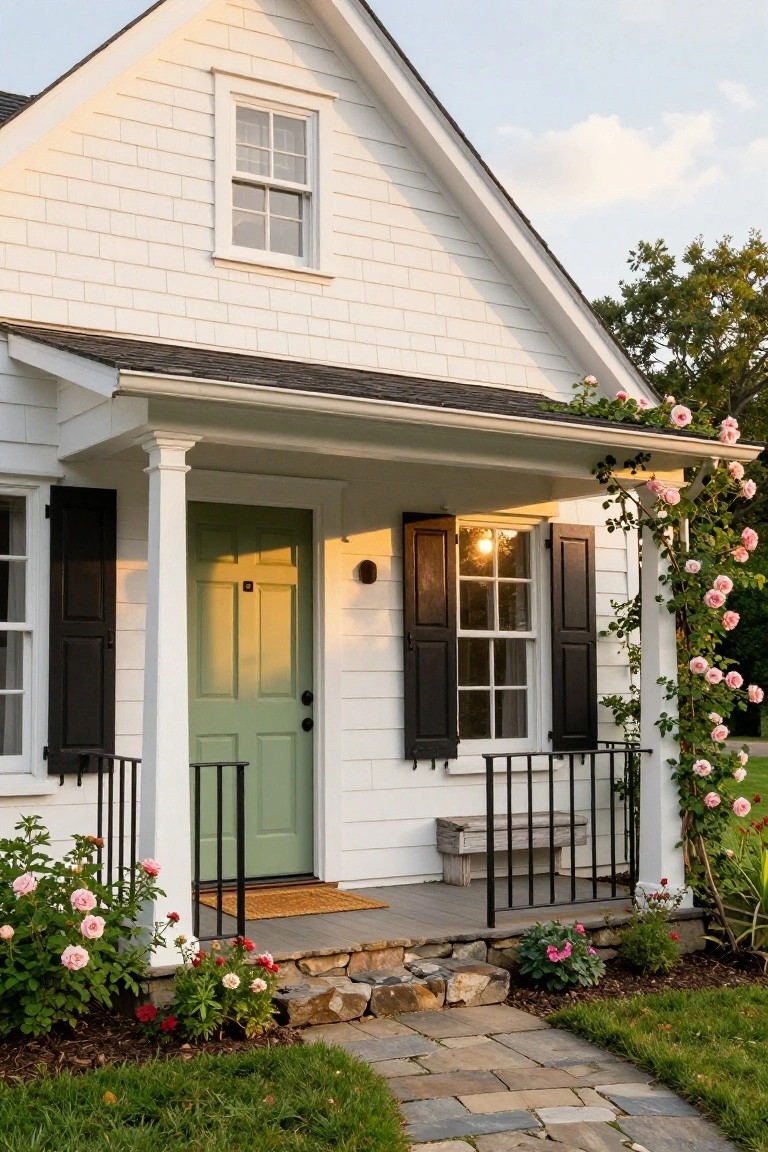 White gable house with black shutters framing windows and green front door on covered porch, pink climbing roses on columns, flower beds, stone steps, and flagstone path in front yard at dusk.