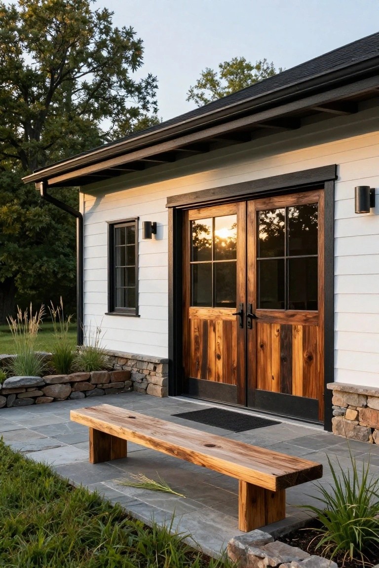 White board-and-batten sided house exterior featuring double glass-paneled wood doors with black frames, black window trim, flanked by stone retaining walls, a wooden bench, and slate pavers in front of the entry.
