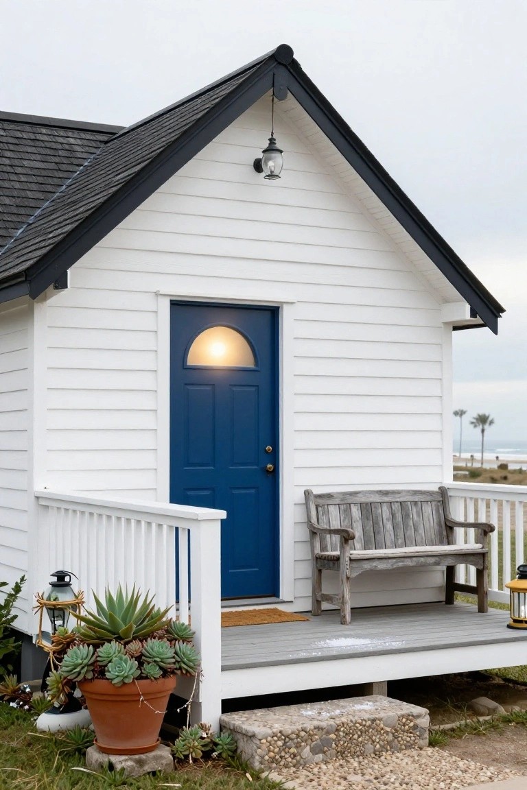 Small white clapboard house with black gabled roof, navy blue front door featuring fanlight window, wooden bench on porch with potted succulents and lanterns, beach palms and ocean in background.