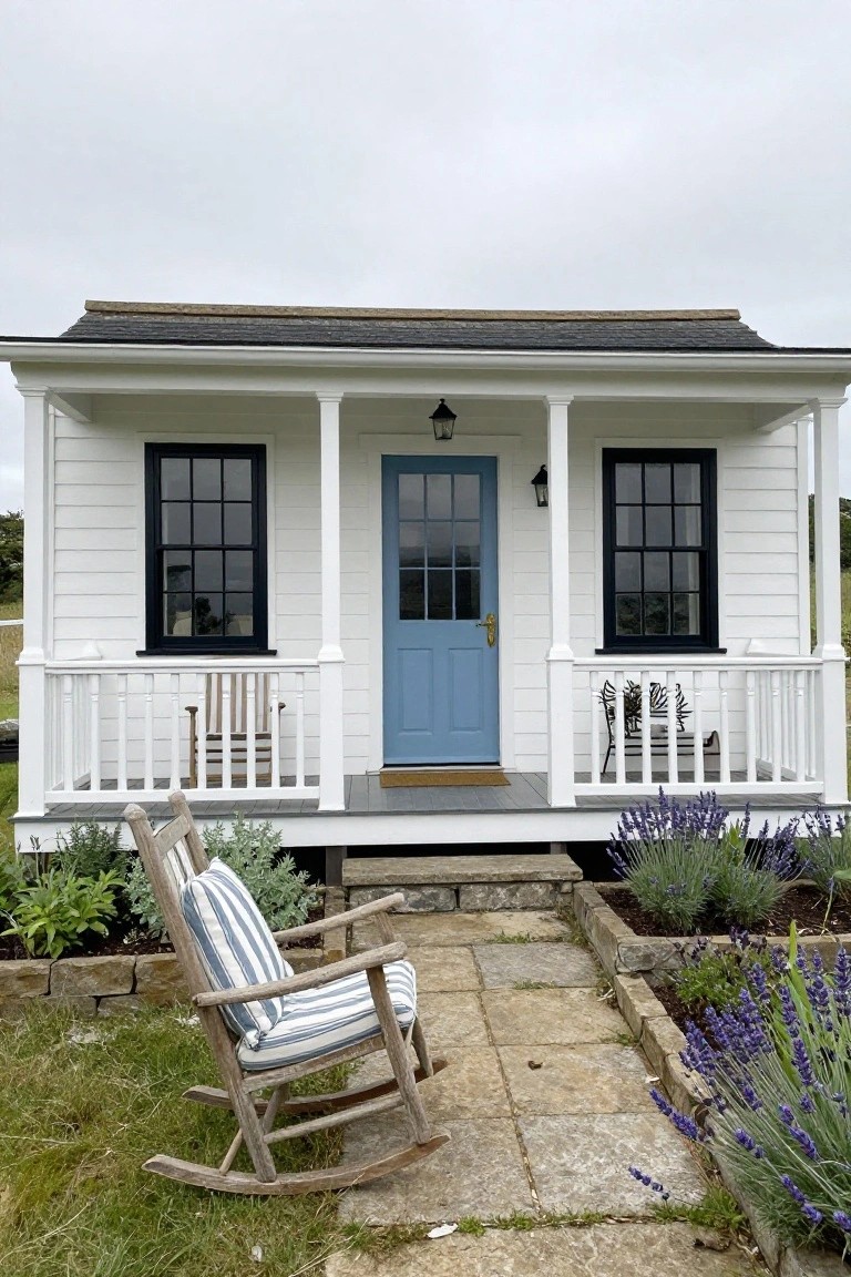 Small white clapboard house with black-framed windows, blue front door, covered porch with rocking chairs, stone path, and lavender plantings in front.