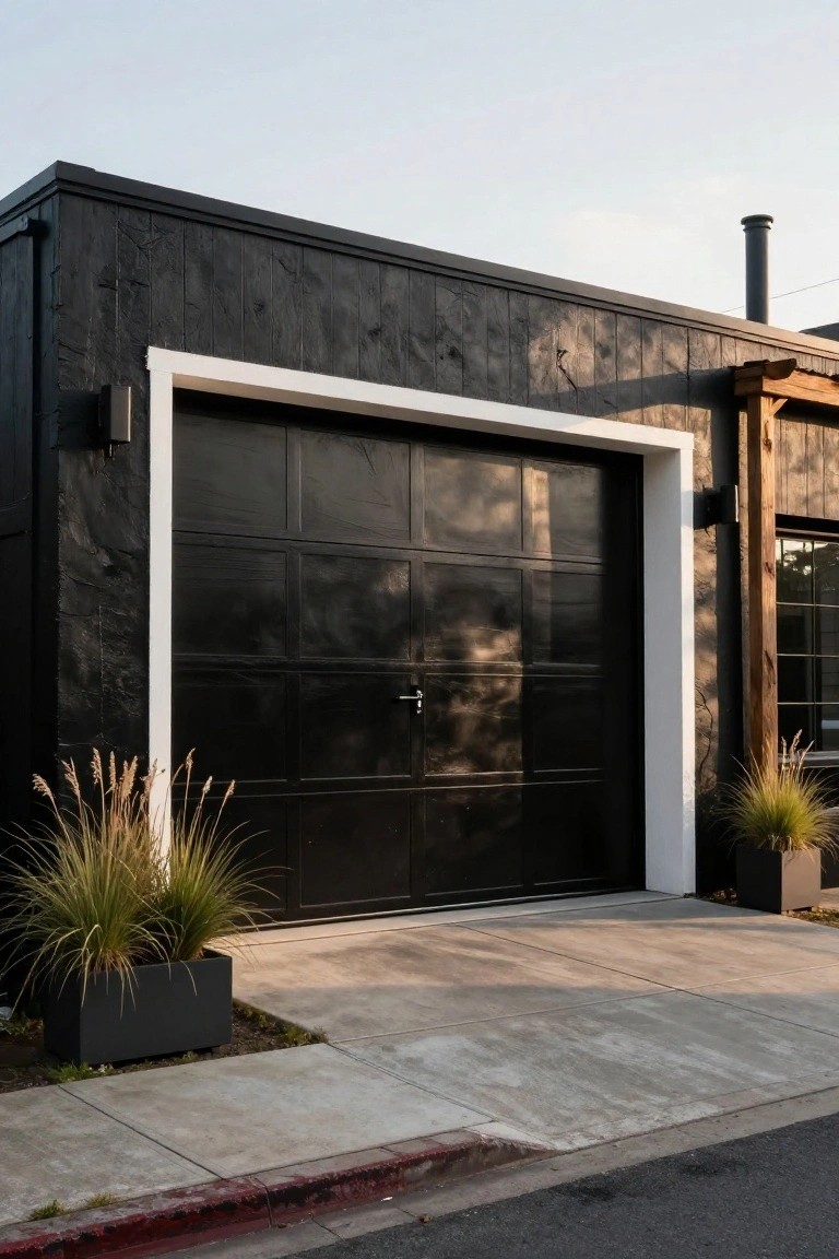 Black charred wood siding on a house exterior with a black garage door framed by white trim, flanked by two large potted grasses, a wooden pergola structure nearby, and a concrete driveway.