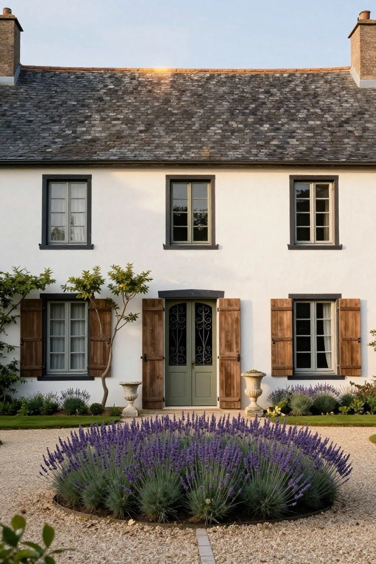 White two-story house with black-trimmed windows, wooden shutters, green arched front door, slate roof, small trees and lavender plants in gravel front yard.