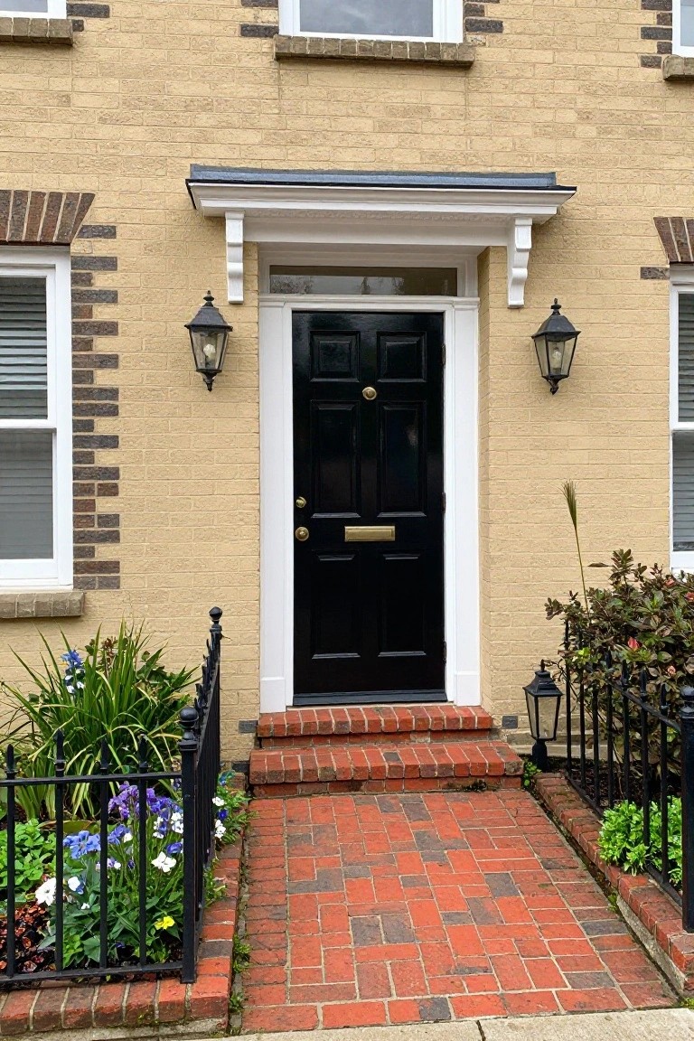Beige brick two-story house exterior with black paneled front door, white porch trim, brass knocker and letterbox, lanterns on either side, wrought iron fence, flower beds, and brick pathway leading to the entry.