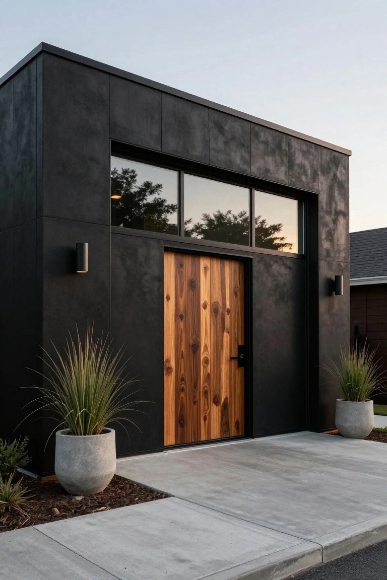 A small modern black building with textured walls, a large double wooden front door, black wall lights, and tall potted grasses on a concrete pathway.