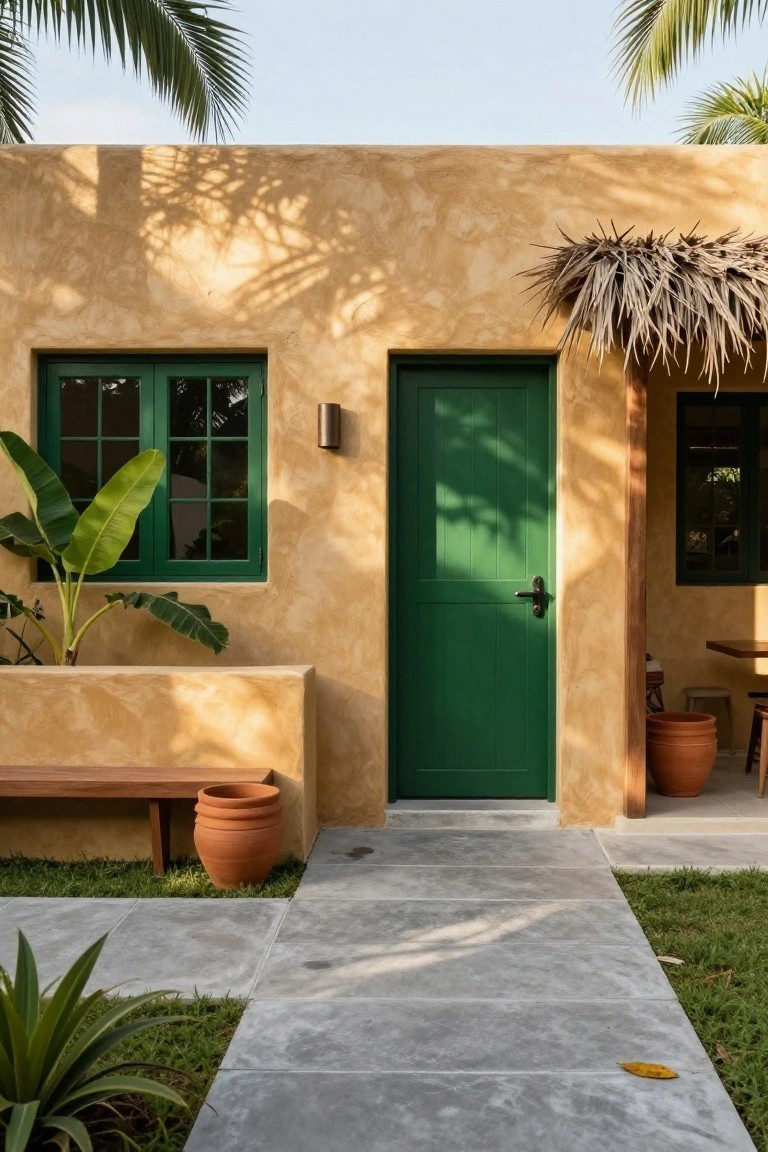 Beige stucco house exterior with green door and window frames, potted plants, wooden bench, and concrete path leading to the entrance amid tropical greenery and palm trees.