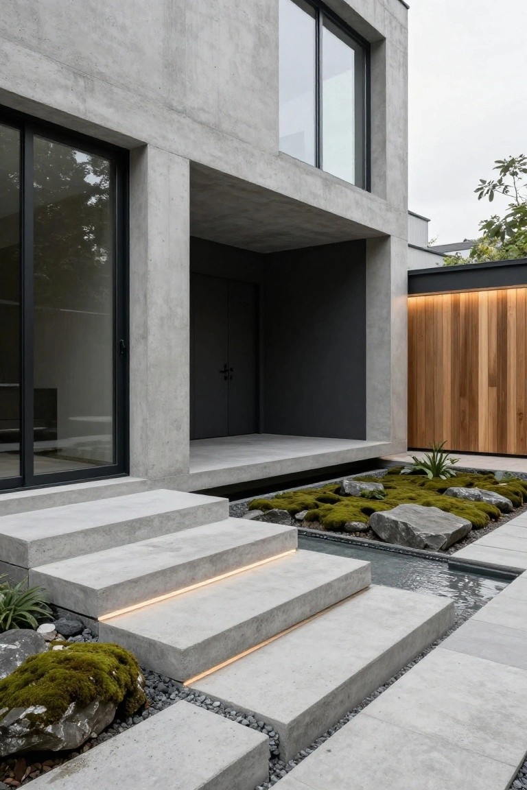 Modern concrete house facade with wide gray steps featuring LED lights along the edges, leading to a recessed dark entryway, flanked by a small rock garden, moss patches, and shallow water channel.