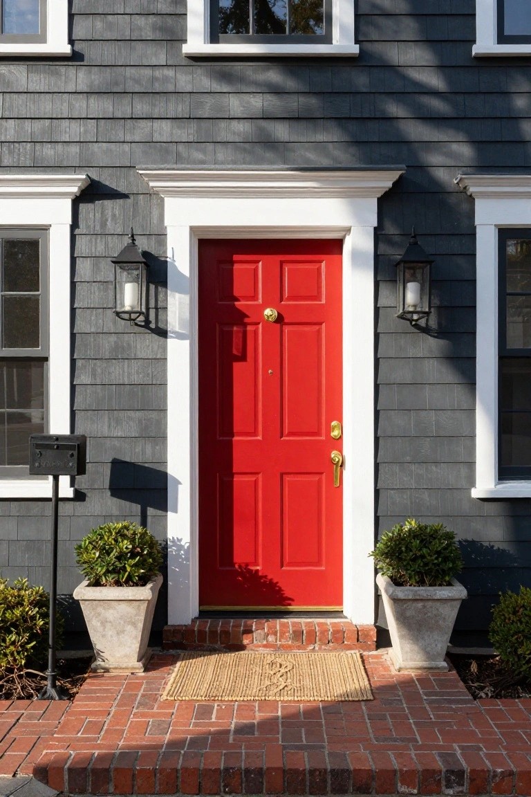 Gray shingle house exterior featuring red front door with gold hardware, white trim, black lanterns, potted shrubs, mailbox, and brick steps with seagrass mat.