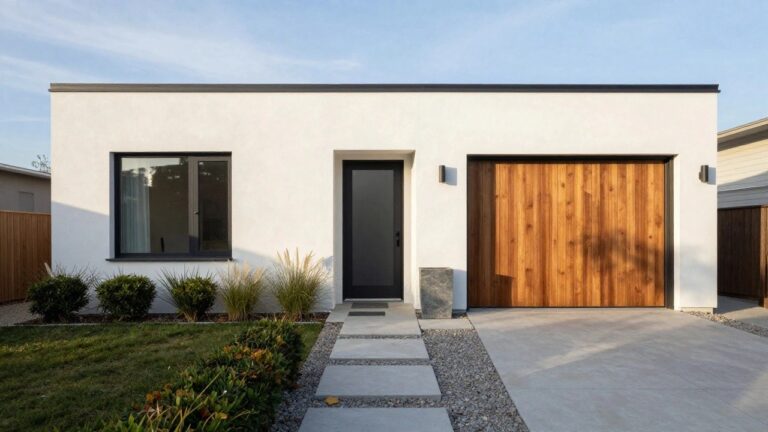 Modern house facade with off-white stucco walls, black-framed windows and entry door, horizontal wood garage door, concrete paver pathway bordered by boxwood shrubs and ornamental grasses.