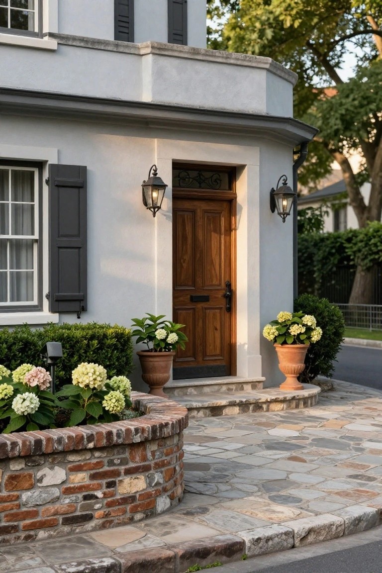 Light gray stucco house exterior featuring black shutters on windows, a dark wood front door with lanterns, brick planter wall with hydrangeas, terracotta pots, and flagstone steps beside a street.